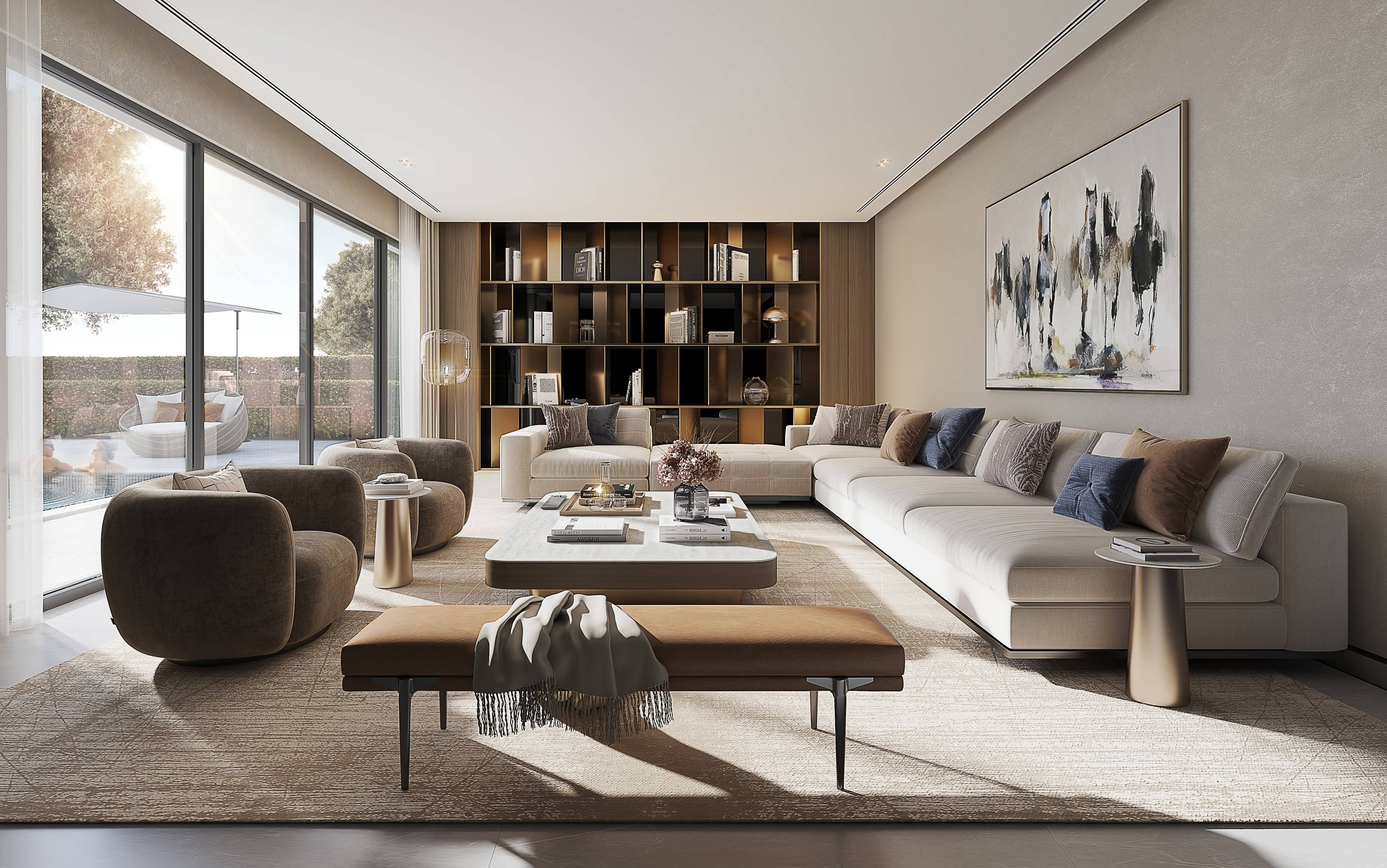 Luxury living room interior at Sobha City Abu Dhabi Phase 1 featuring modern design, premium finishes, and spacious family living
