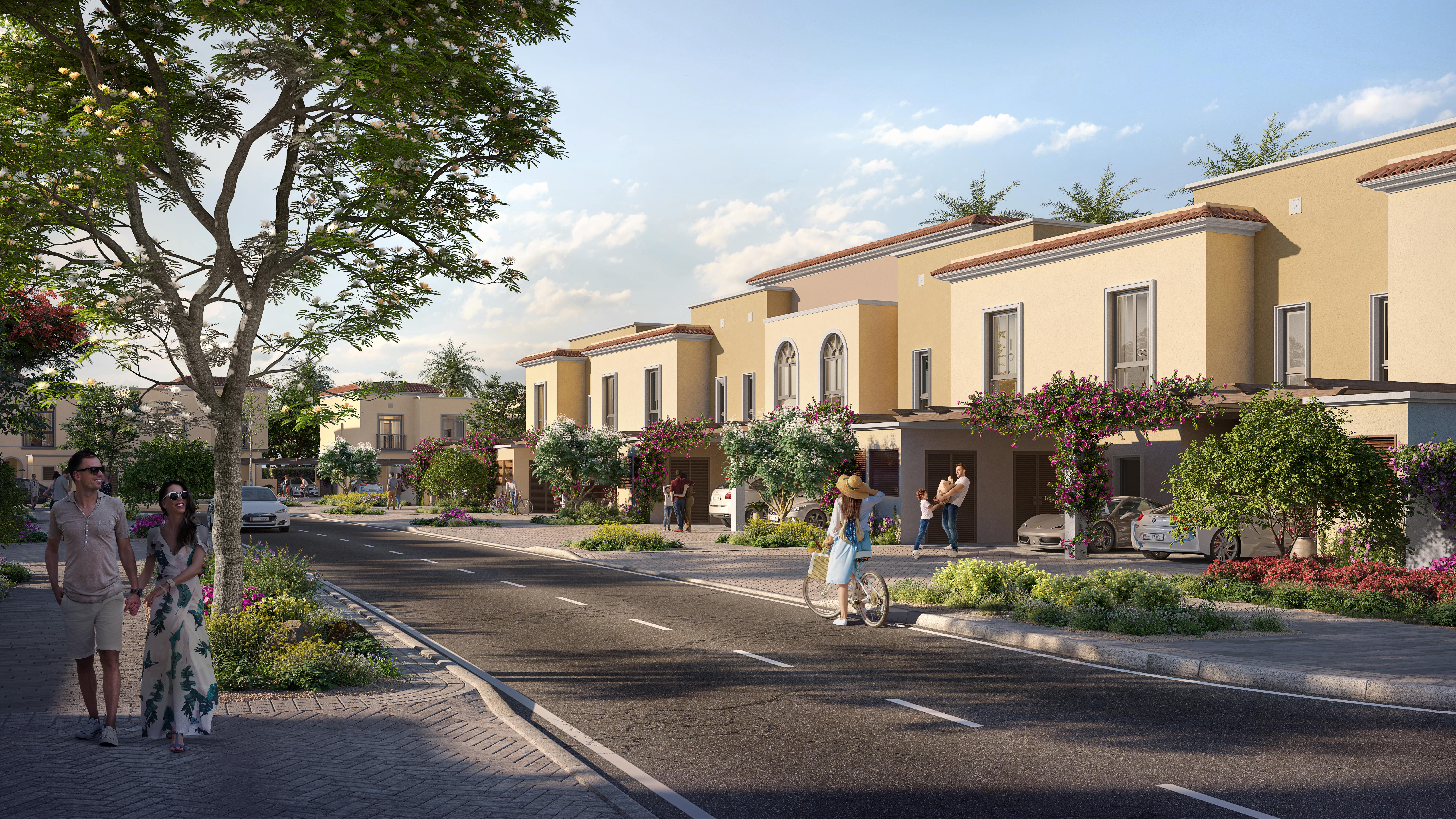 Elegant Yas Park Gate Yas Island Abu Dhabi exteriors featuring modern facades, community gardens, and scenic landscaped pathways