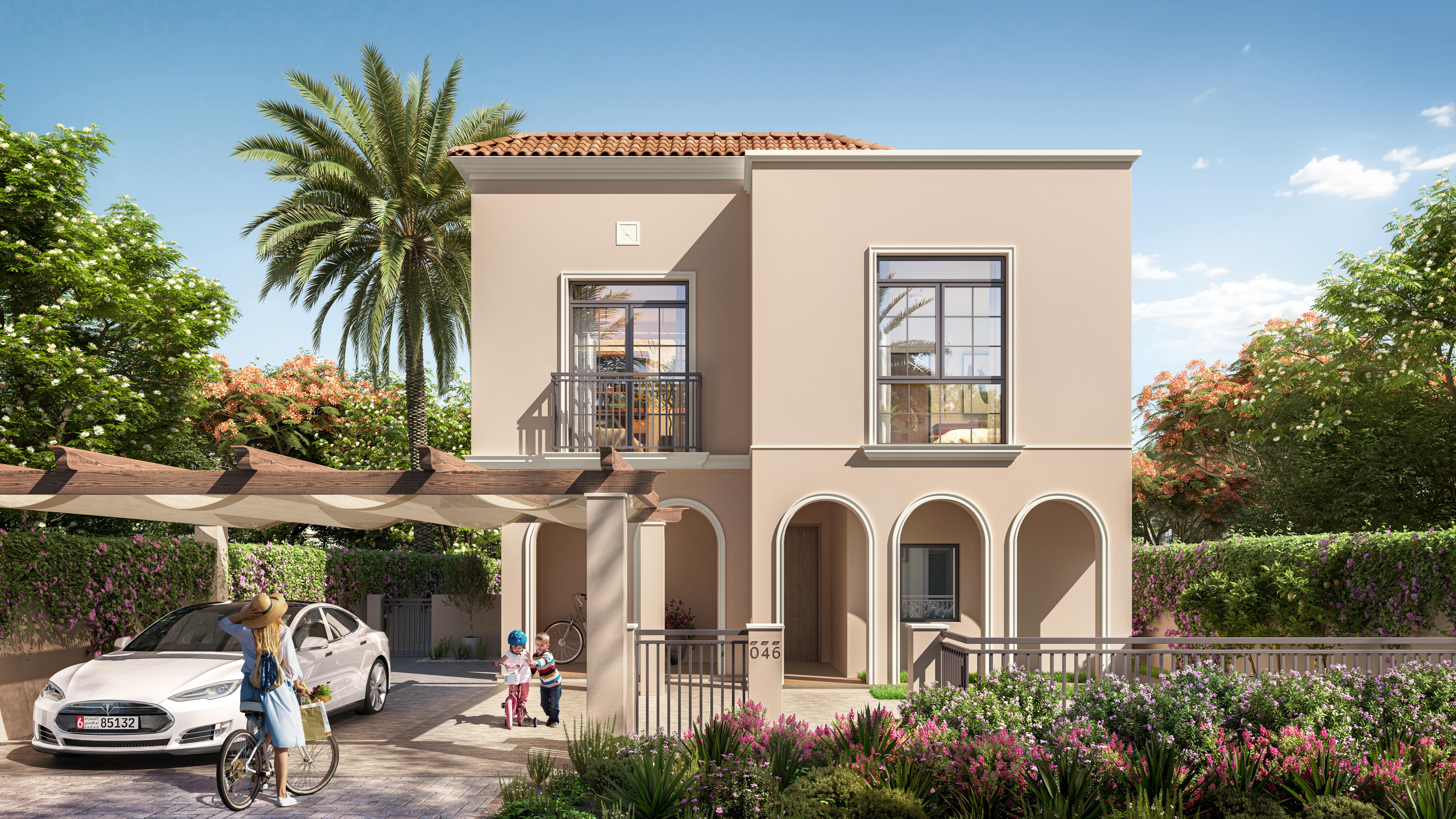 Contemporary Yas Park Gate Abu Dhabi villa exteriors with Mediterranean inspiration, green spaces, and modern architectural details on Yas Island