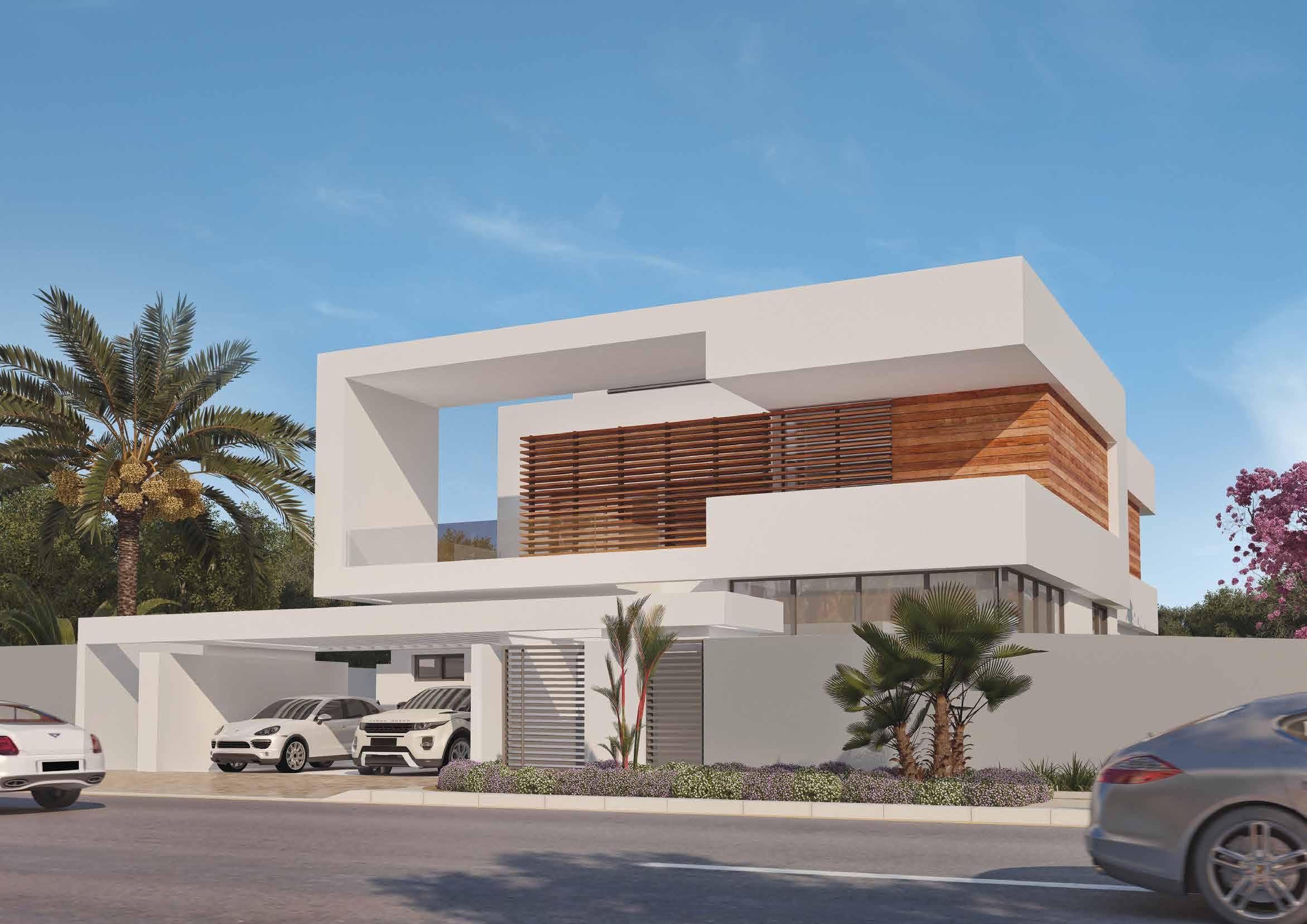 Community roundabout in West Yas, Yas Island, Abu Dhabi with water feature and landscaped surroundings