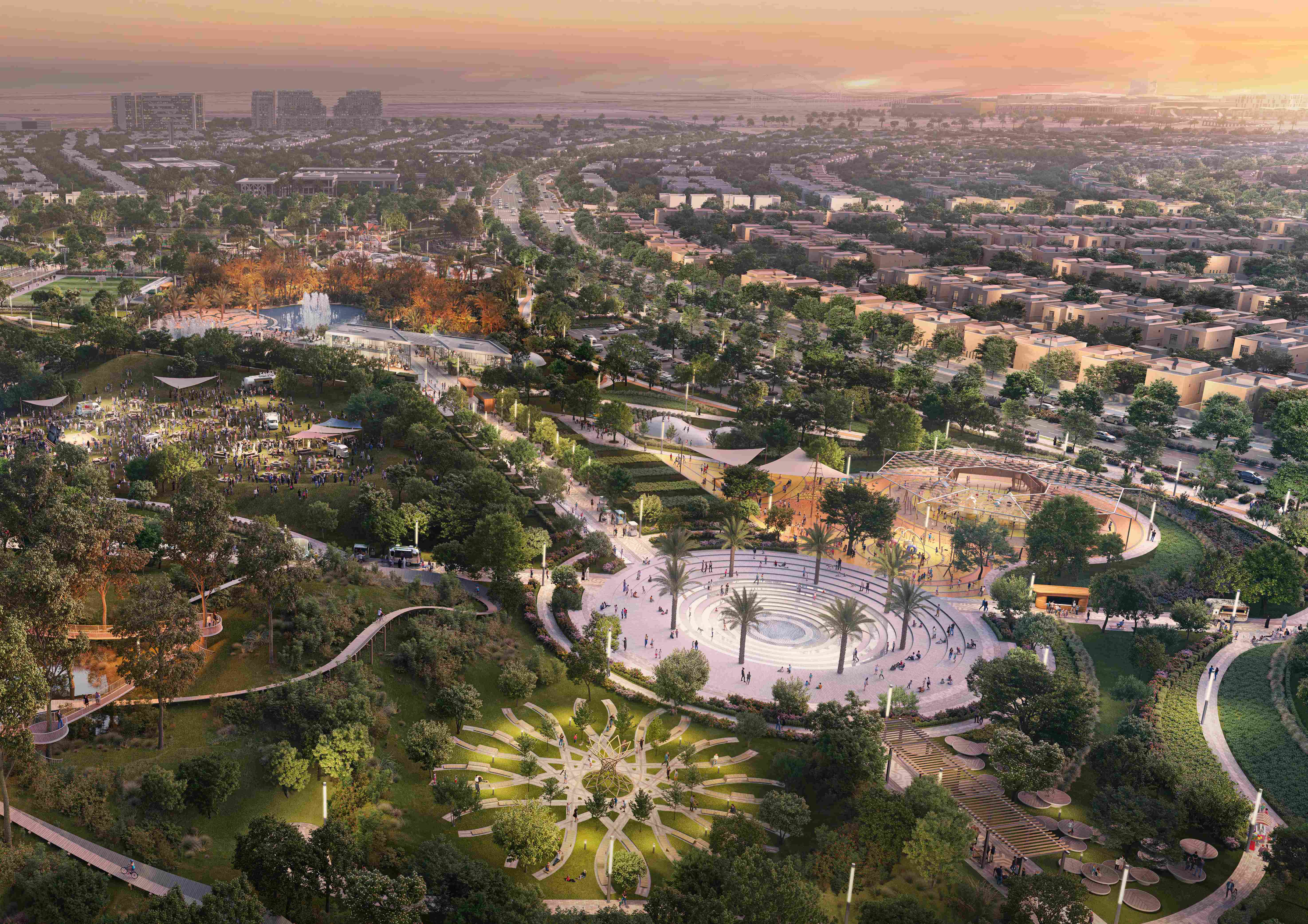 Peaceful seating areas surrounded by greenery in Yas Park Views, Yas Island Abu Dhabi, designed for comfort and relaxation.