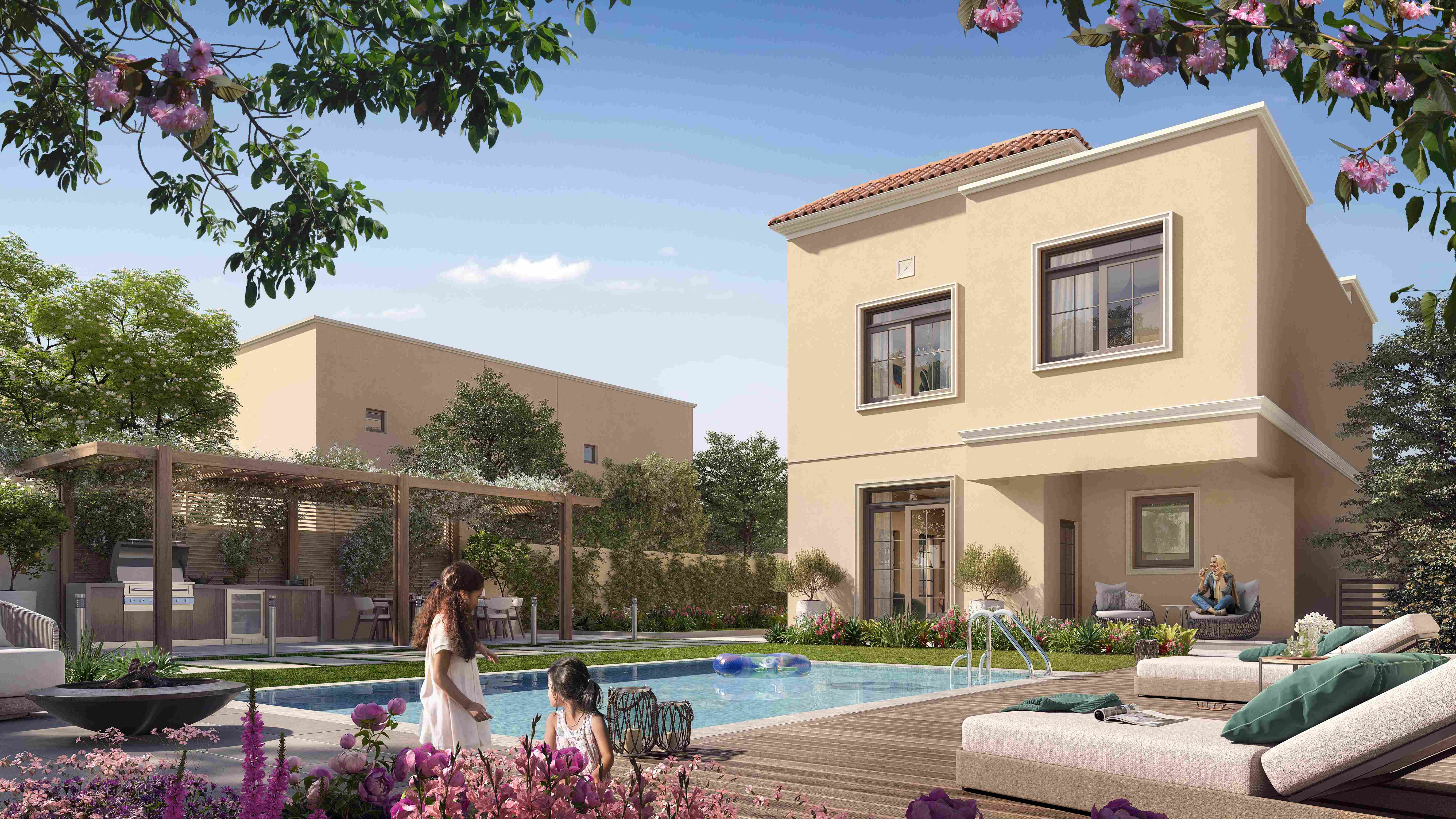 Mediterranean-style facade with arched windows and clay roof tiles at Yas Park Views, Yas Island — inspired by coastal living.