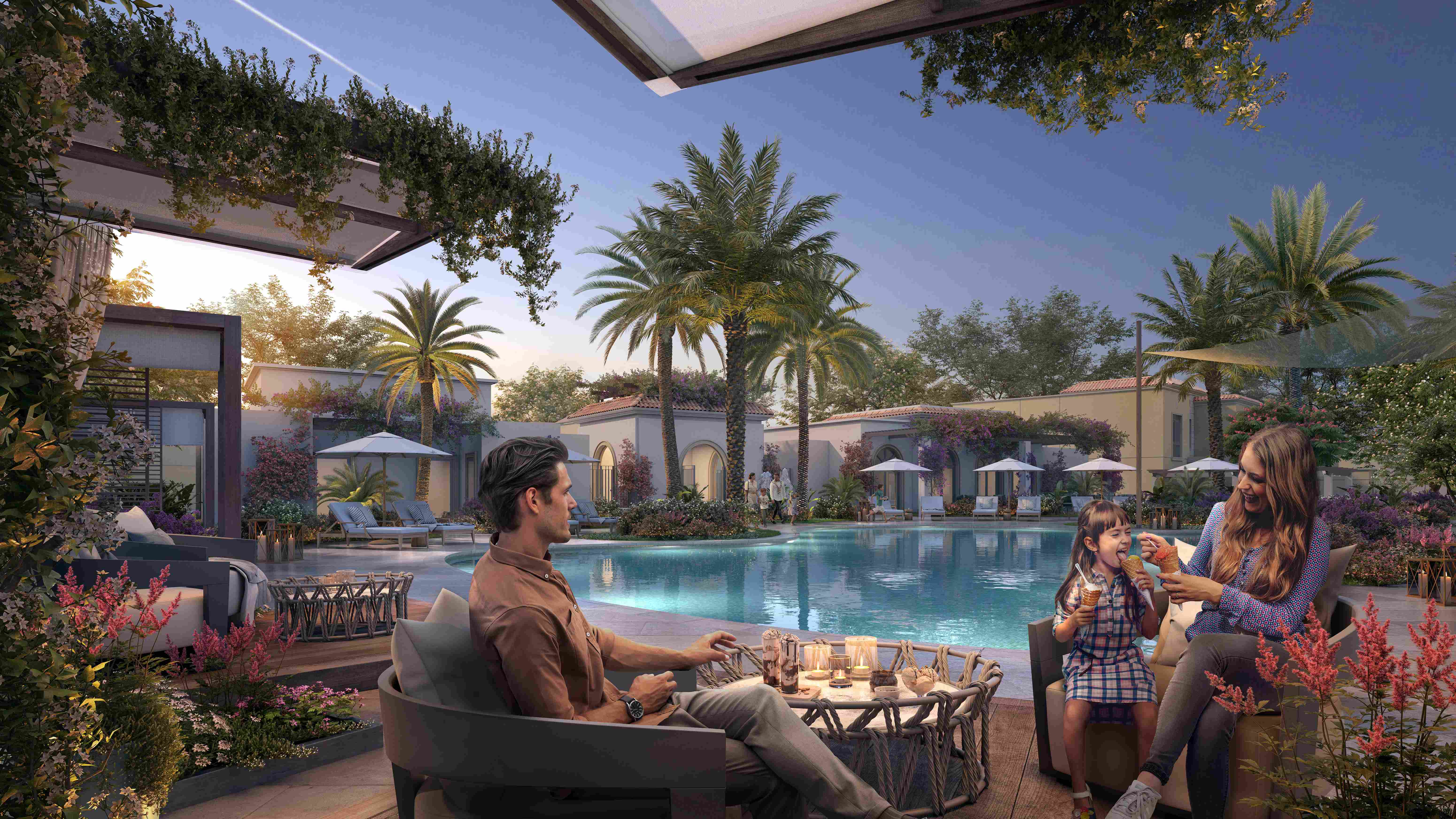 Front garden, shaded carport, and landscaped driveway of a Yas Park Views villa in Abu Dhabi’s prestigious Yas Island.