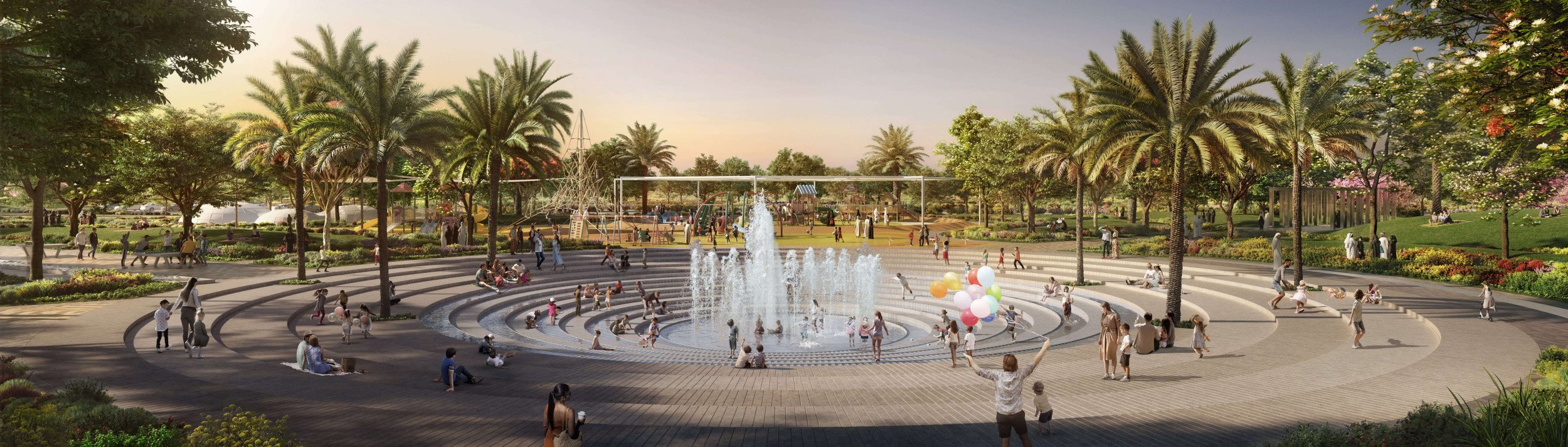 Master community view of Yas Park Gate Yas Island Abu Dhabi, featuring villas, townhomes, and premium lifestyle amenities