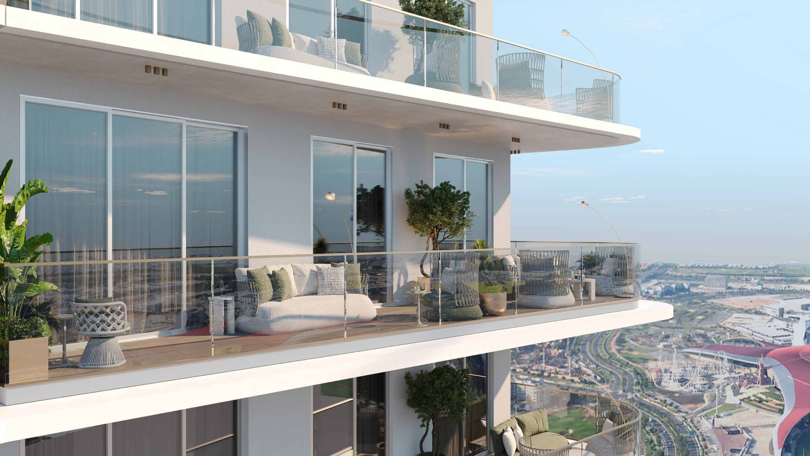 Elegant façade of Manchester City Yas Residences on Yas Island, Abu Dhabi overlooking the waterfront community.