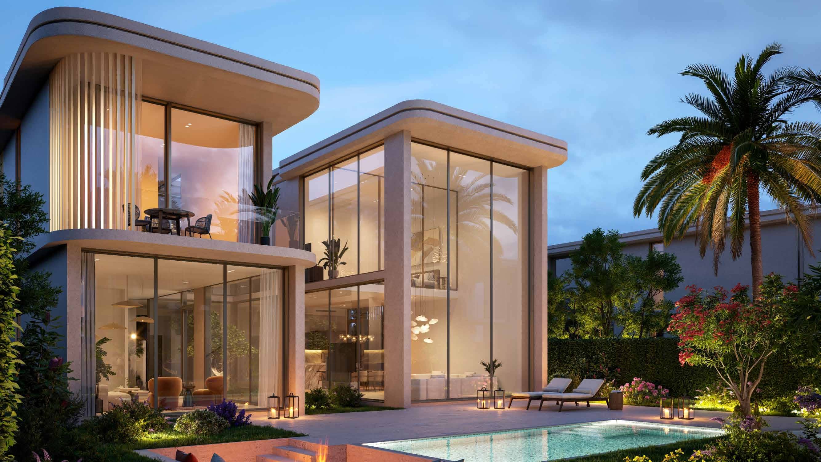Exterior view of Manchester City Yas Residences on Yas Island, Abu Dhabi overlooking landscaped surroundings and Yas Canal.