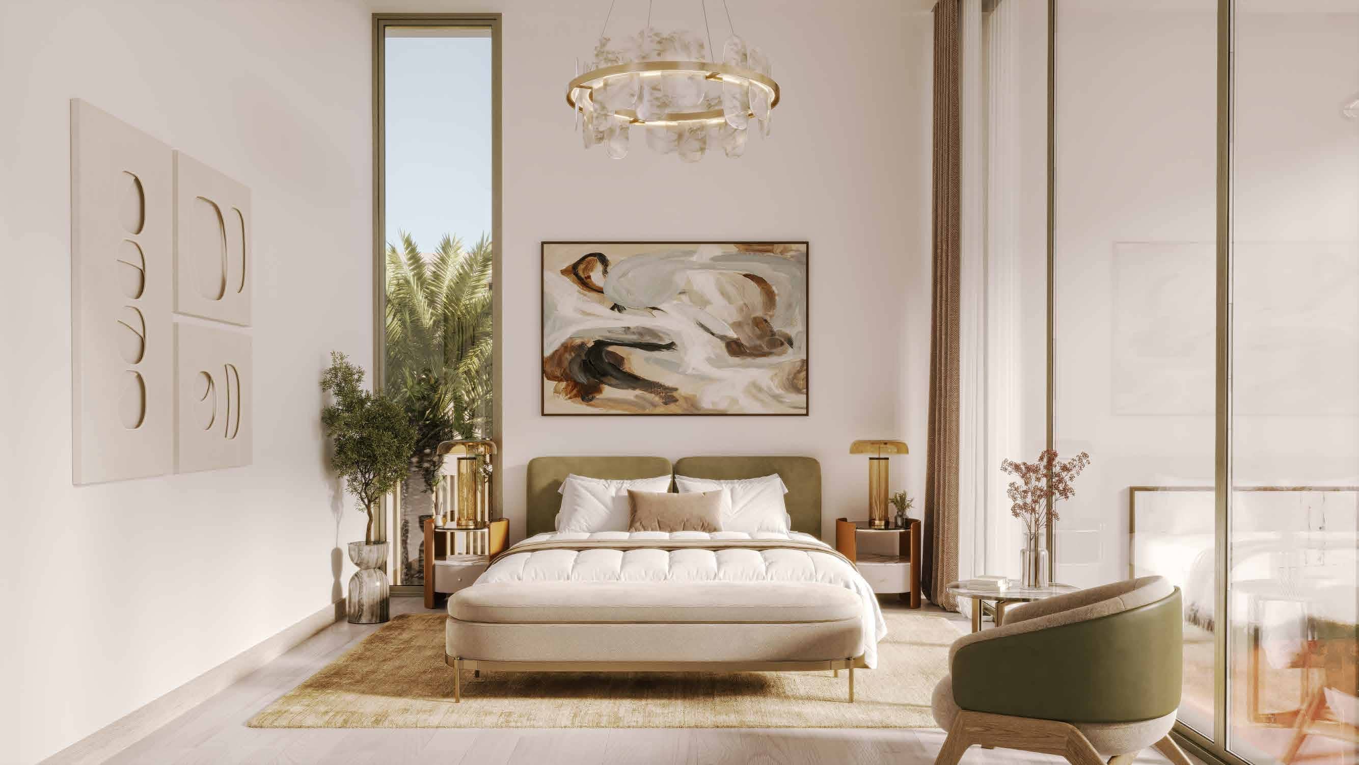 Modern bedroom interior at Manchester City Yas Residences on Yas Island, Abu Dhabi featuring spacious layouts and natural light.