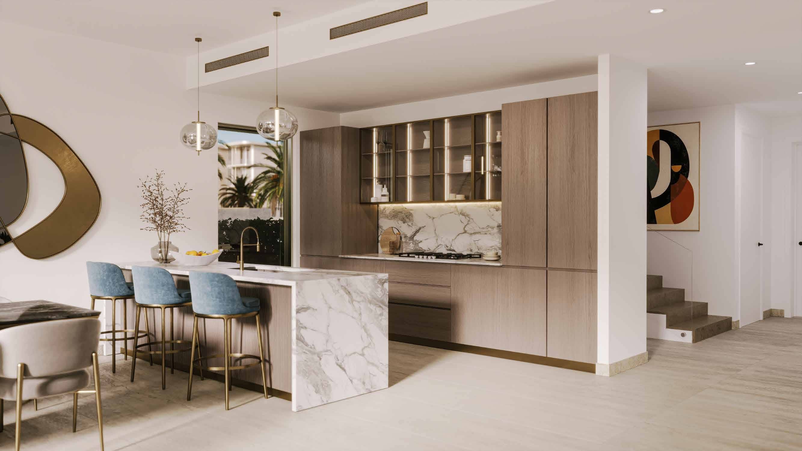 Stylish kitchen and dining area at Manchester City Yas Residences on Yas Island, Abu Dhabi with contemporary design.Ya Residences By Ohana Interior (13).jpg