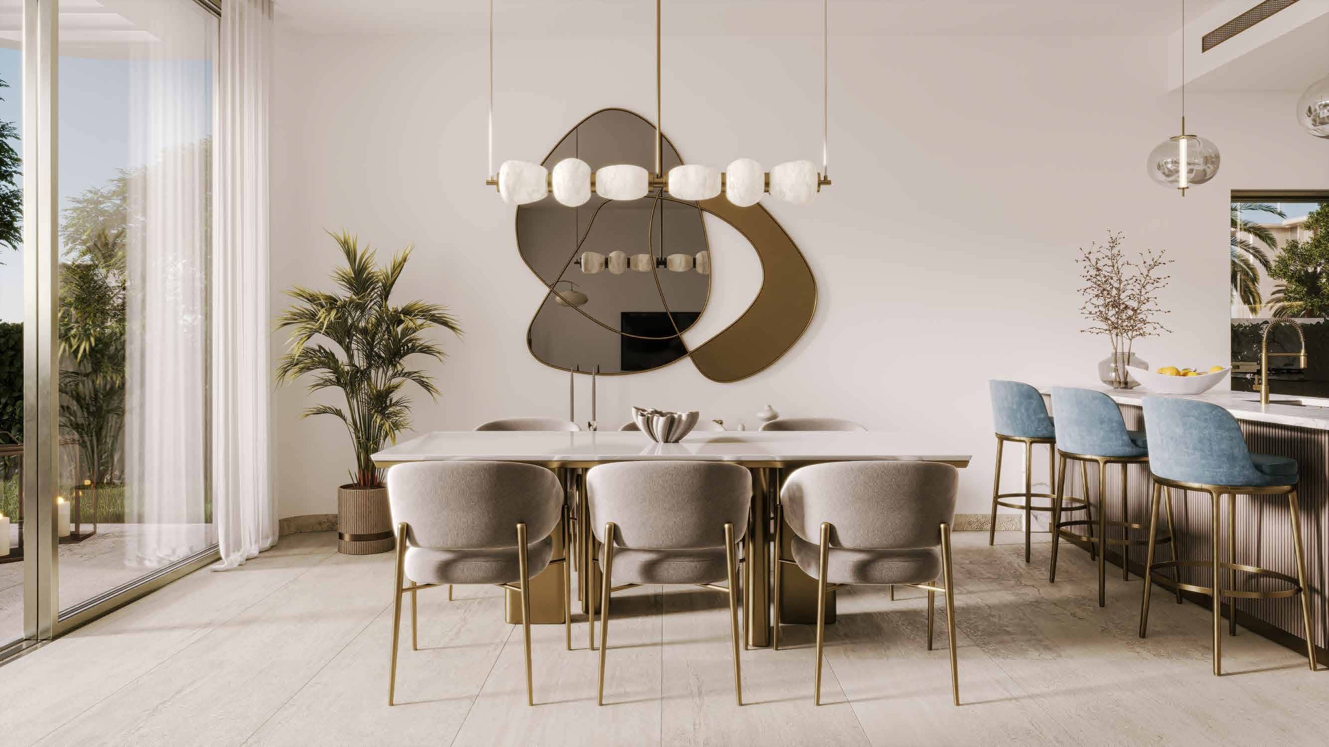 Stylish kitchen and dining area at Manchester City Yas Residences on Yas Island, Abu Dhabi with contemporary design.