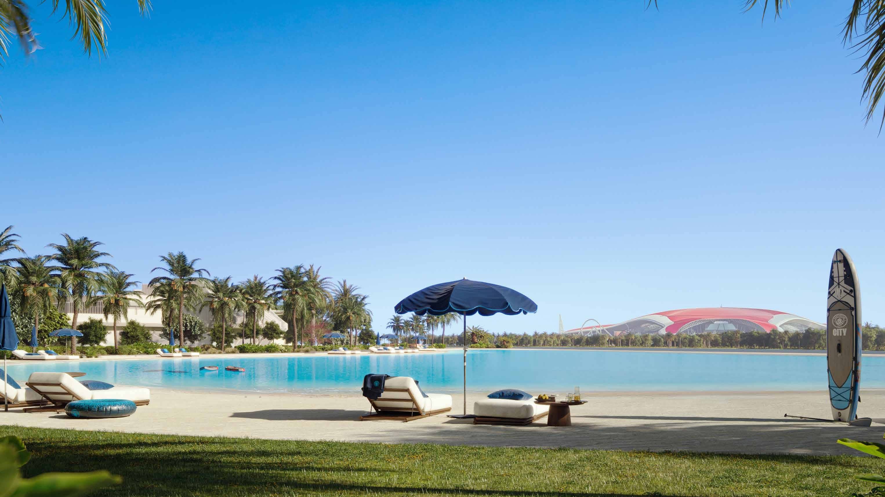 Landscaped gardens and beaches at Manchester City Yas Residences on Yas Island, Abu Dhabi creating peaceful outdoor environments.