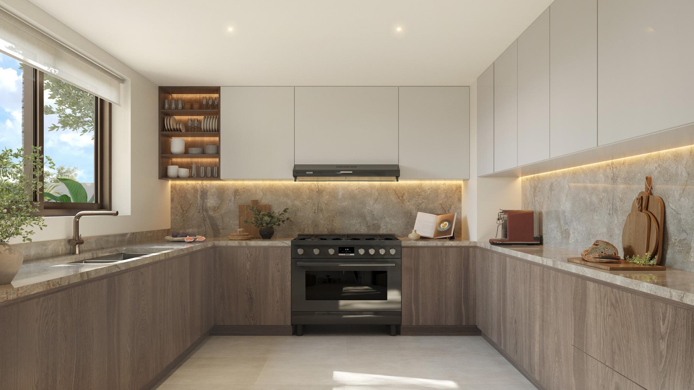 Kitchen interior of Yas Acres The Orchids Yas Island Abu Dhabi, showcasing sleek cabinetry, premium materials, and a functional family‑friendly layout.